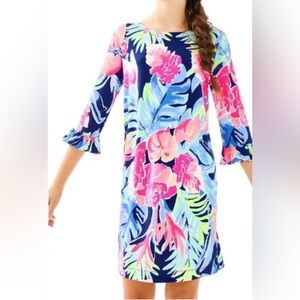 Lilly Pulitzer Navy Tropical Dress Bell Sleeves Stretchy Fabric Size SMALL